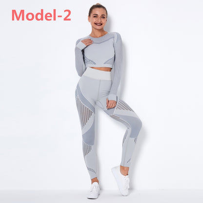 Women Seamless Gym Sets High Waist Gym Mesh Leggings Shirts Suit Long Sleeve Fitness Workout Sports Running Thin Sport Sets