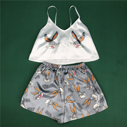 Women Spaghetti Strap Cartoon Print Lovely Sleepwear V Neck Pyjamas