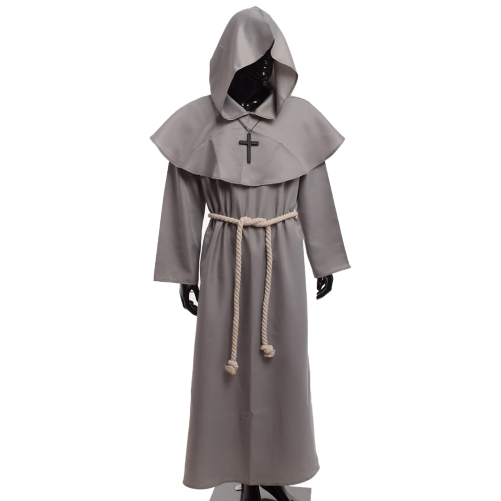 Unisex Vintage Renaissance Monk Cosplay Cowl Friar Priest Halloween Hooded Robe Dress