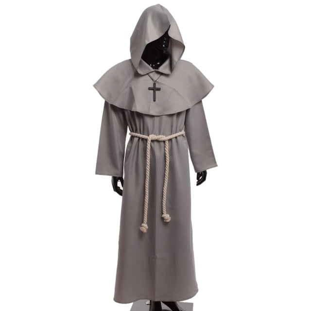 Unisex Vintage Renaissance Monk Cosplay Cowl Friar Priest Halloween Hooded Robe Dress