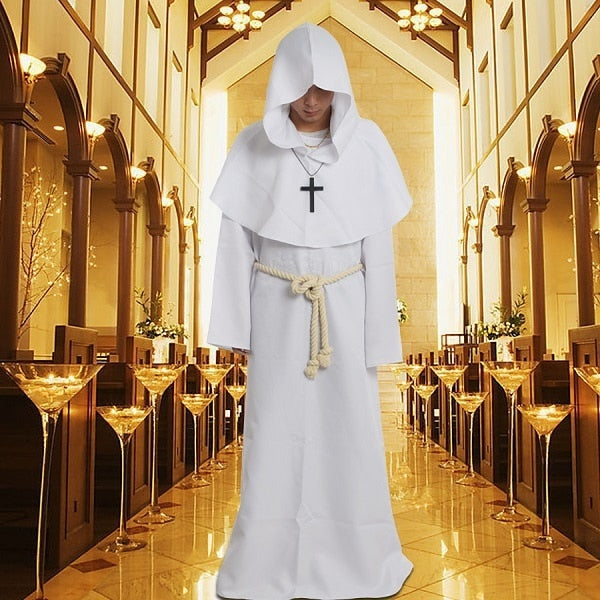 Unisex Vintage Renaissance Monk Cosplay Cowl Friar Priest Halloween Hooded Robe Dress