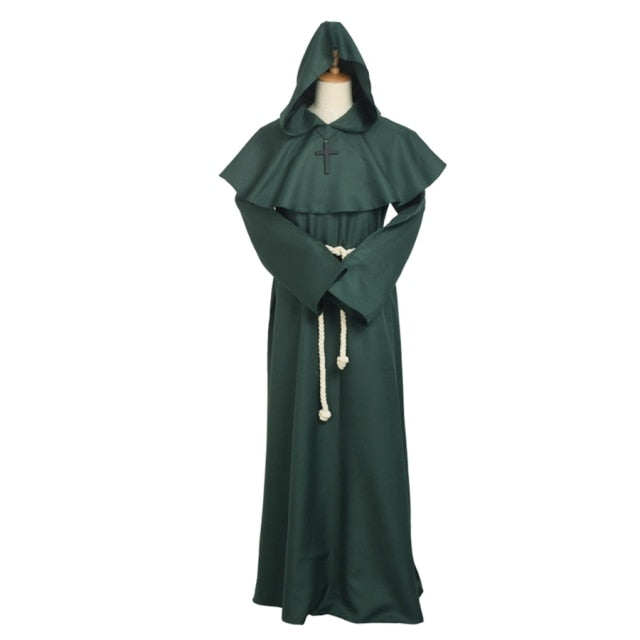 Unisex Vintage Renaissance Monk Cosplay Cowl Friar Priest Halloween Hooded Robe Dress